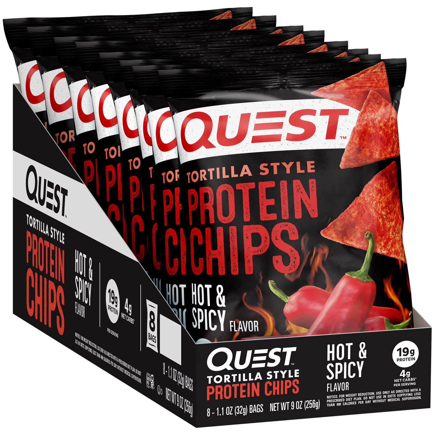 Quest Tortilla Style Protein Chips with 19G of Protein, Hot & Spicy Flavor, 1.1 Oz Bags, 8 Count