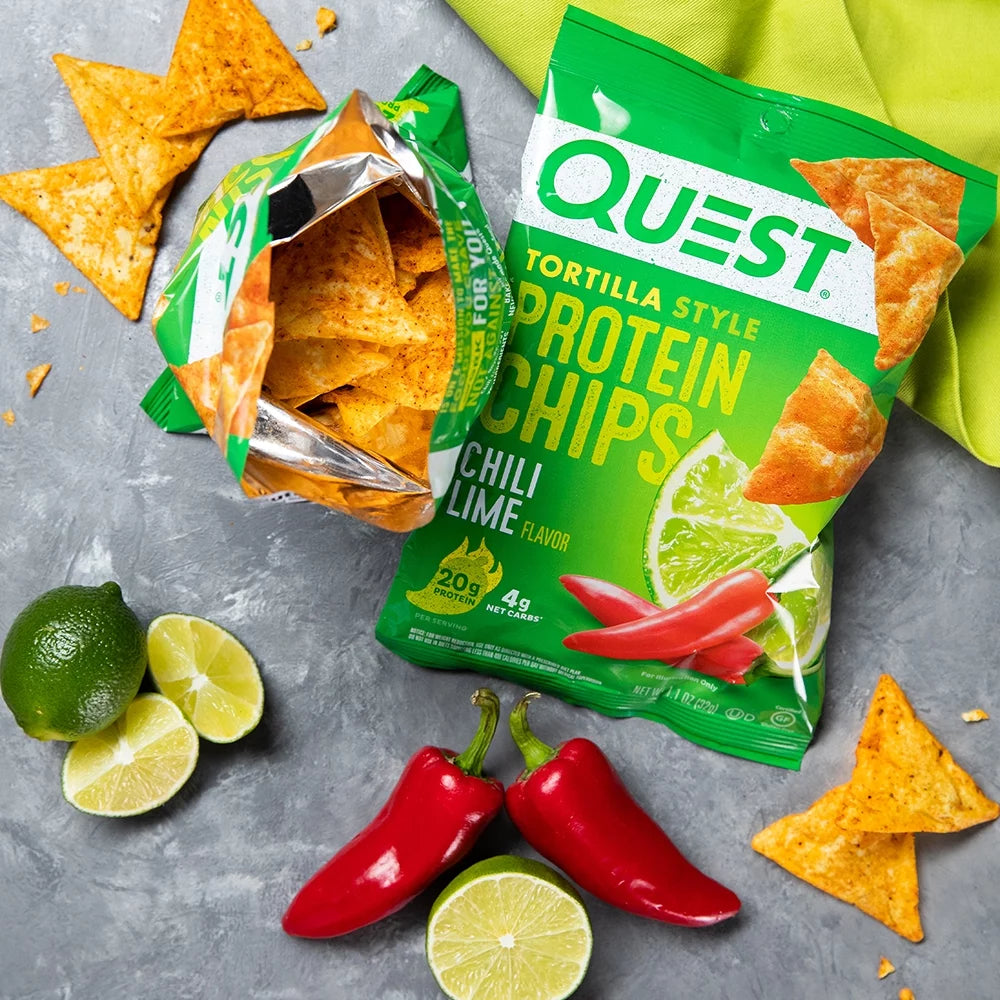 Quest Tortilla Style Protein Chips with 20G of Protein, Chili Lime Flavor, 1.1 Oz Bags, 8 Count