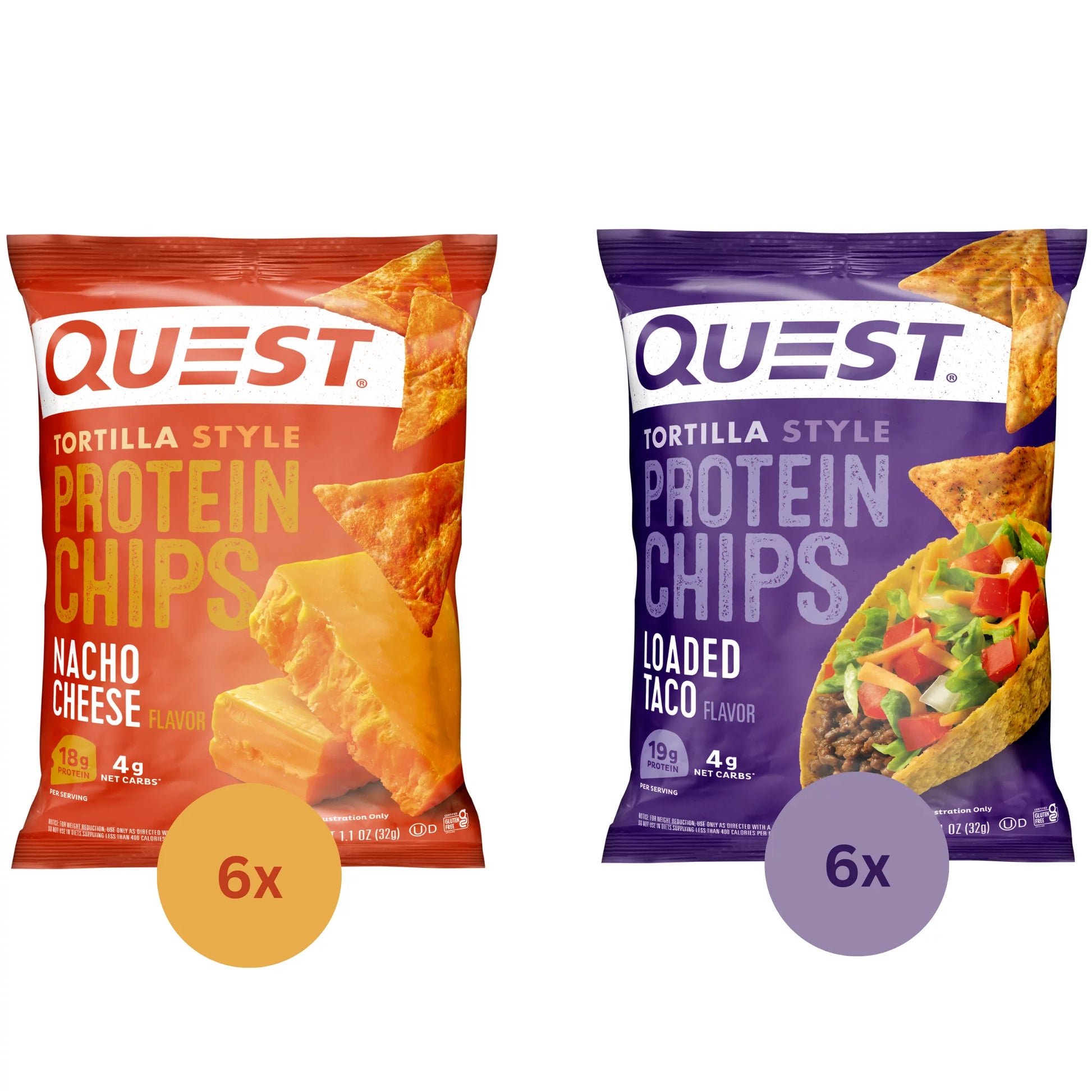 Quest Tortilla Style Protein Chips, Nacho Cheese and Loaded Taco, Variety Pack, 12 Count