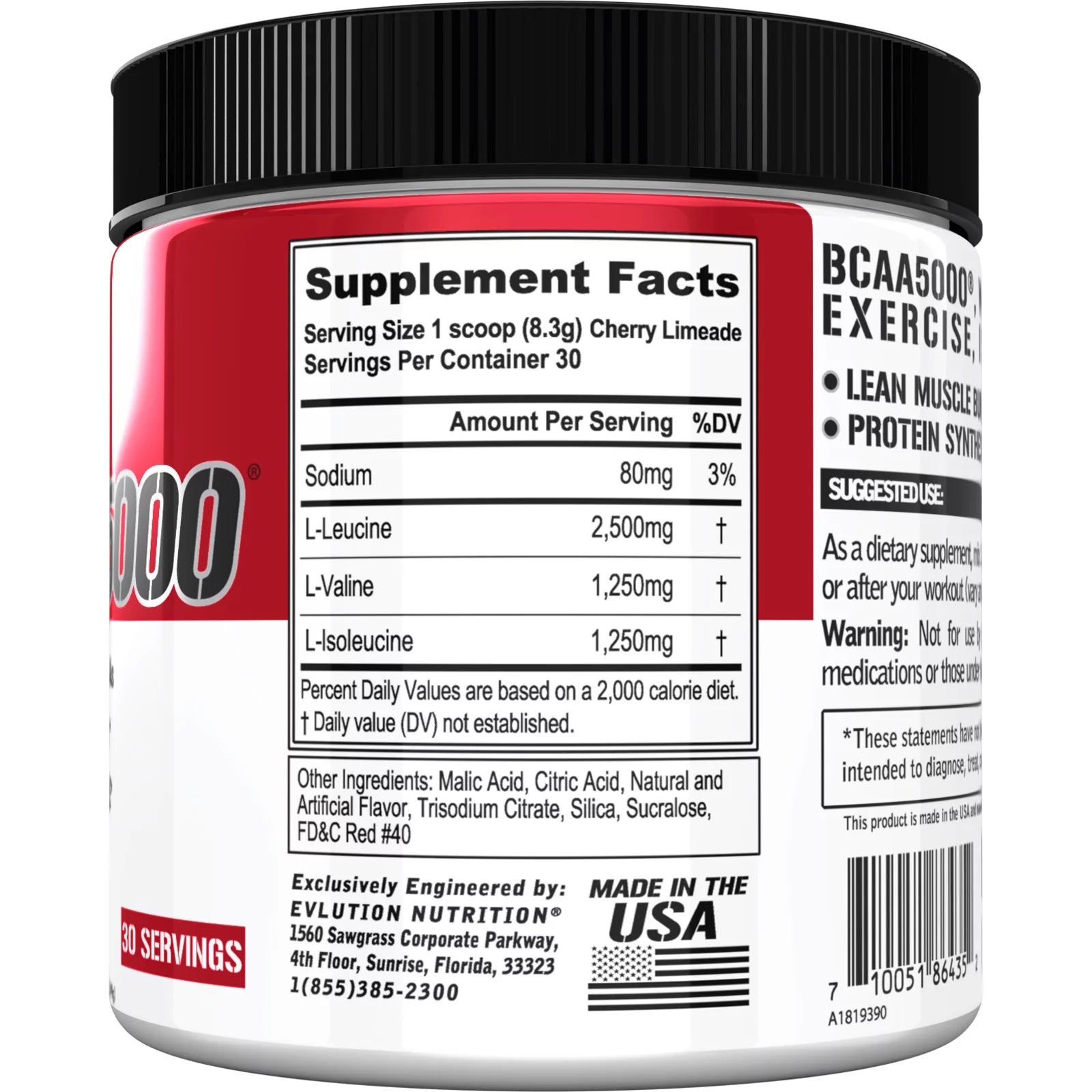 BCAA5000 Energy Powder 5000Mg - EVL BCAA Powder for Performance & Lean Muscle - Sugar Free Cherry Limeade Flavor, 30 Servings