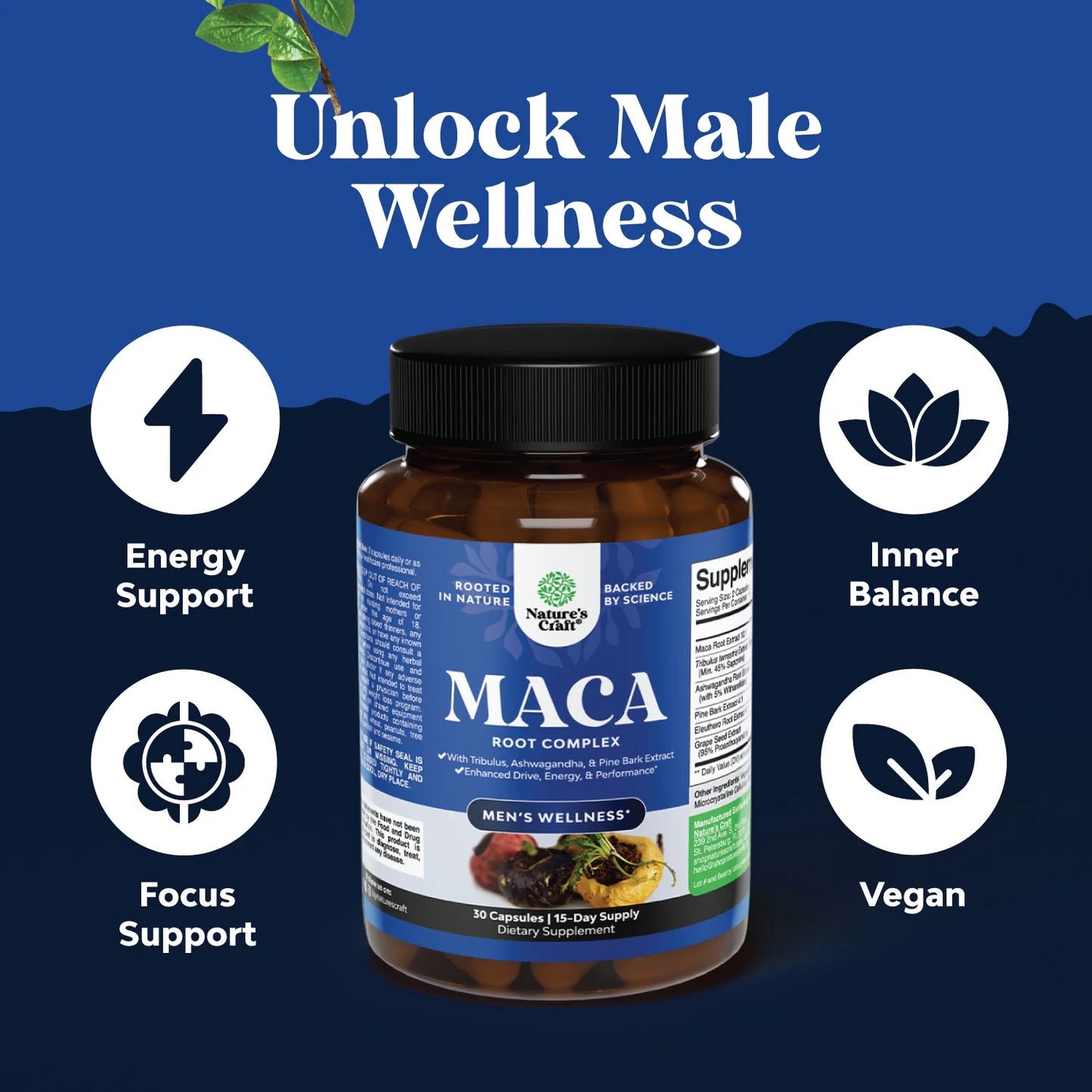 Black Maca Root Capsules for Men - Herbal Testosterone Supplement for Men with Siberian Ginseng Ashwagandha and Black Maca Root for Men - Invigorating Drive Mood Strength & Energy Booster for Men