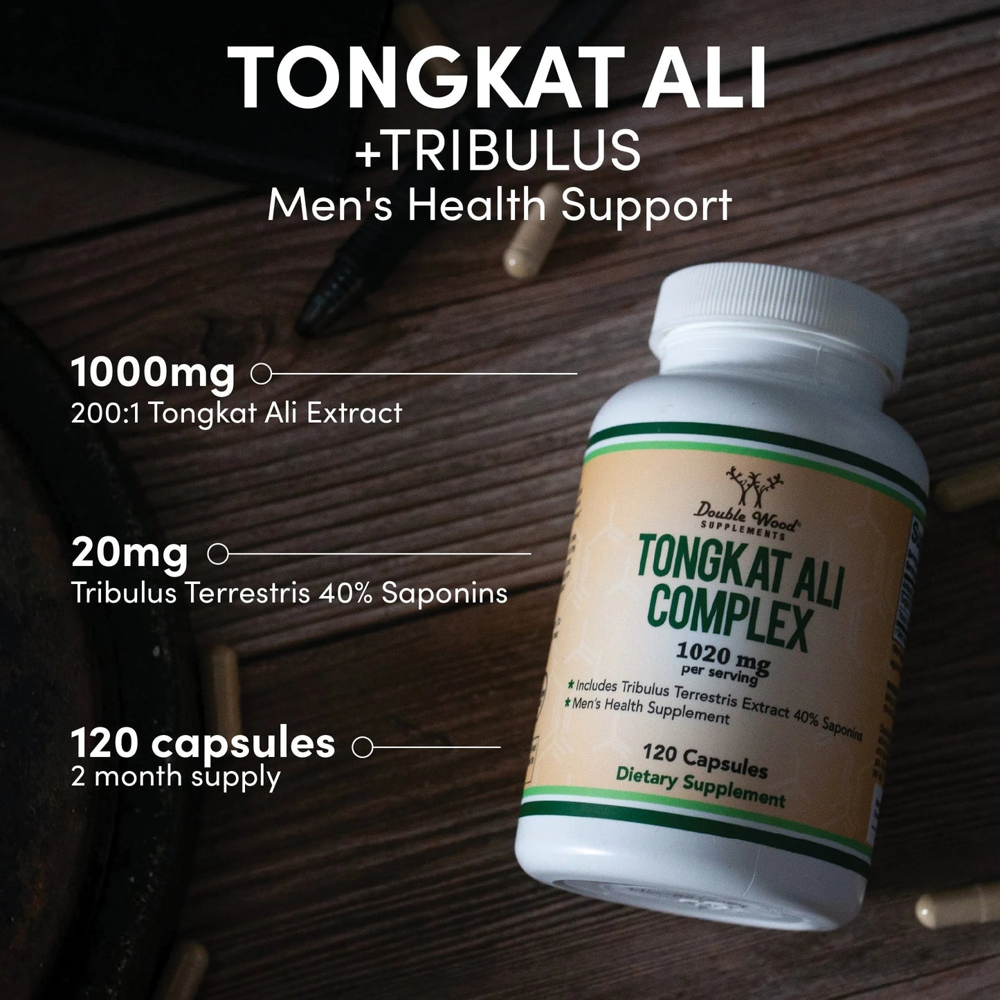 Tongkat Ali Extract 200 to 1 (Longjack) Eurycoma Longifolia, 1020Mg per Serving, 120 Capsules - Natural Testosterone Supplement and Libido Booster, with 20Mg Tribulus Terrestris by Double Wood