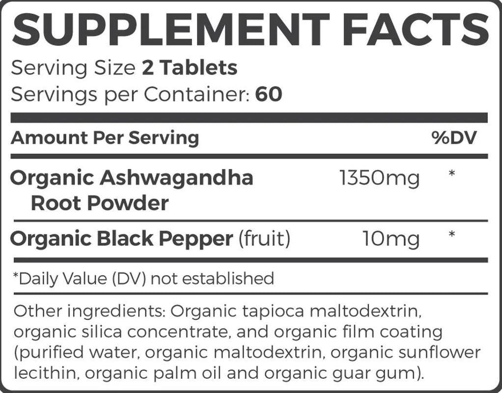 Organic Ashwagandha (120 Vegetarian Tablets) 1350Mg per Serve - Natural Anxiety Relief, Immune, Adrenal, Cortisol & Thyroid Support - No Pills or Capsules