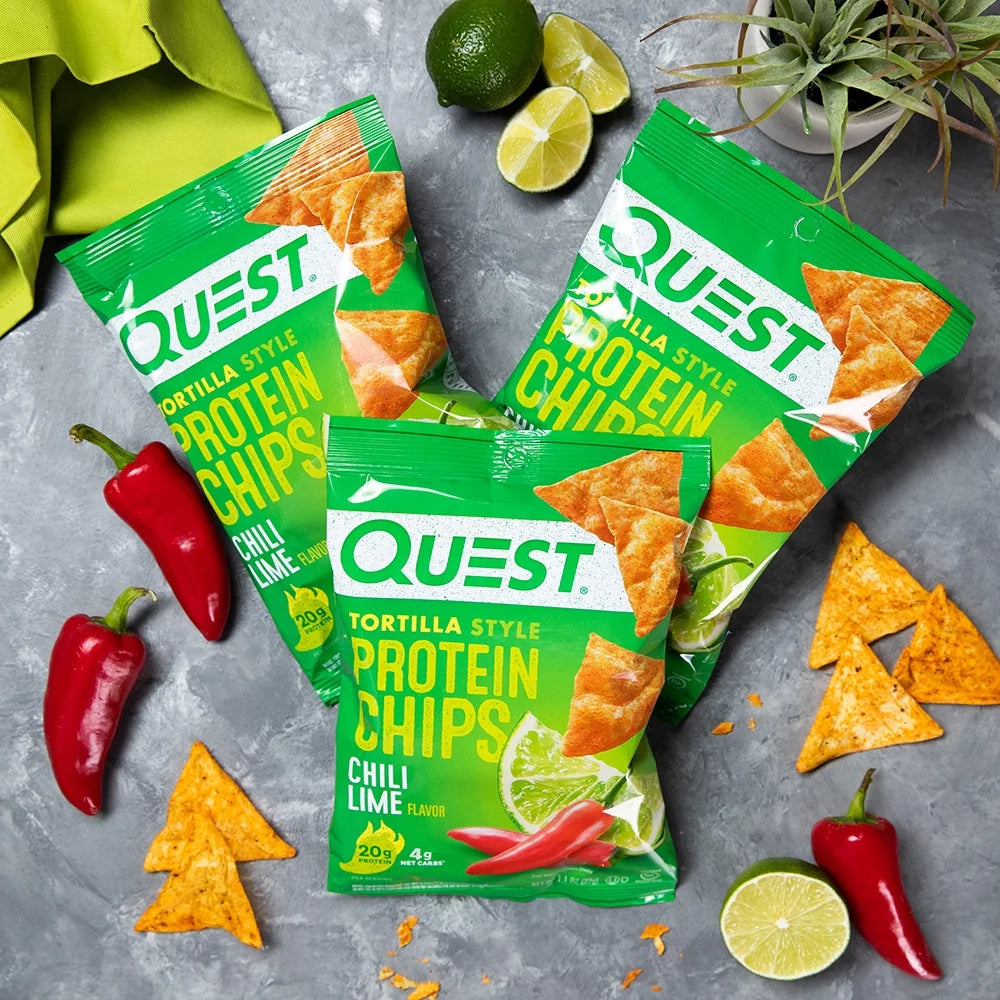 Quest Tortilla Style Protein Chips with 20G of Protein, Chili Lime Flavor, 1.1 Oz Bags, 8 Count