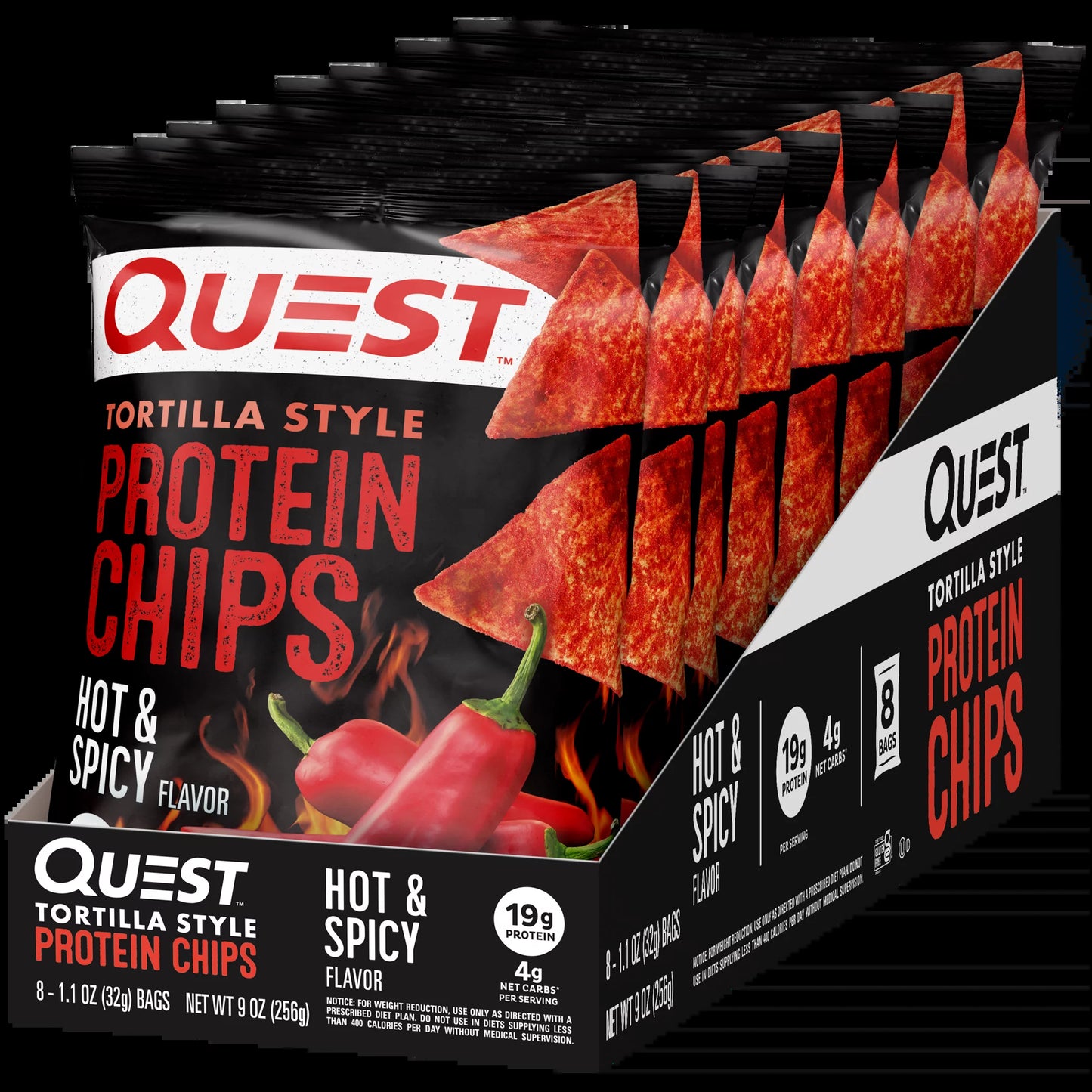 Quest Tortilla Style Protein Chips with 19G of Protein, Hot & Spicy Flavor, 1.1 Oz Bags, 8 Count