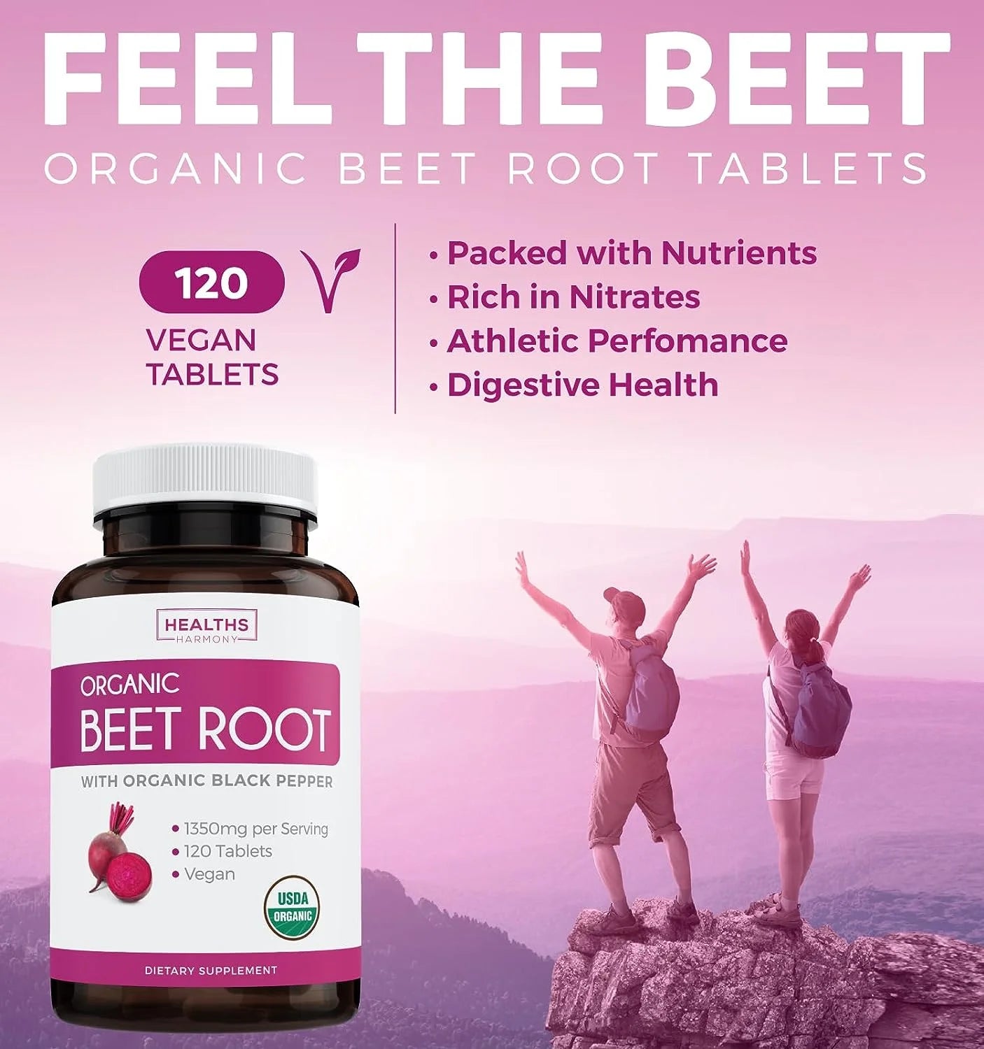 Organic Beet Root Powder (120 Tablets) 1350Mg Beets per Serving with Black Pepper for Extra Absorption - Nitrate Supplement - No Capsules