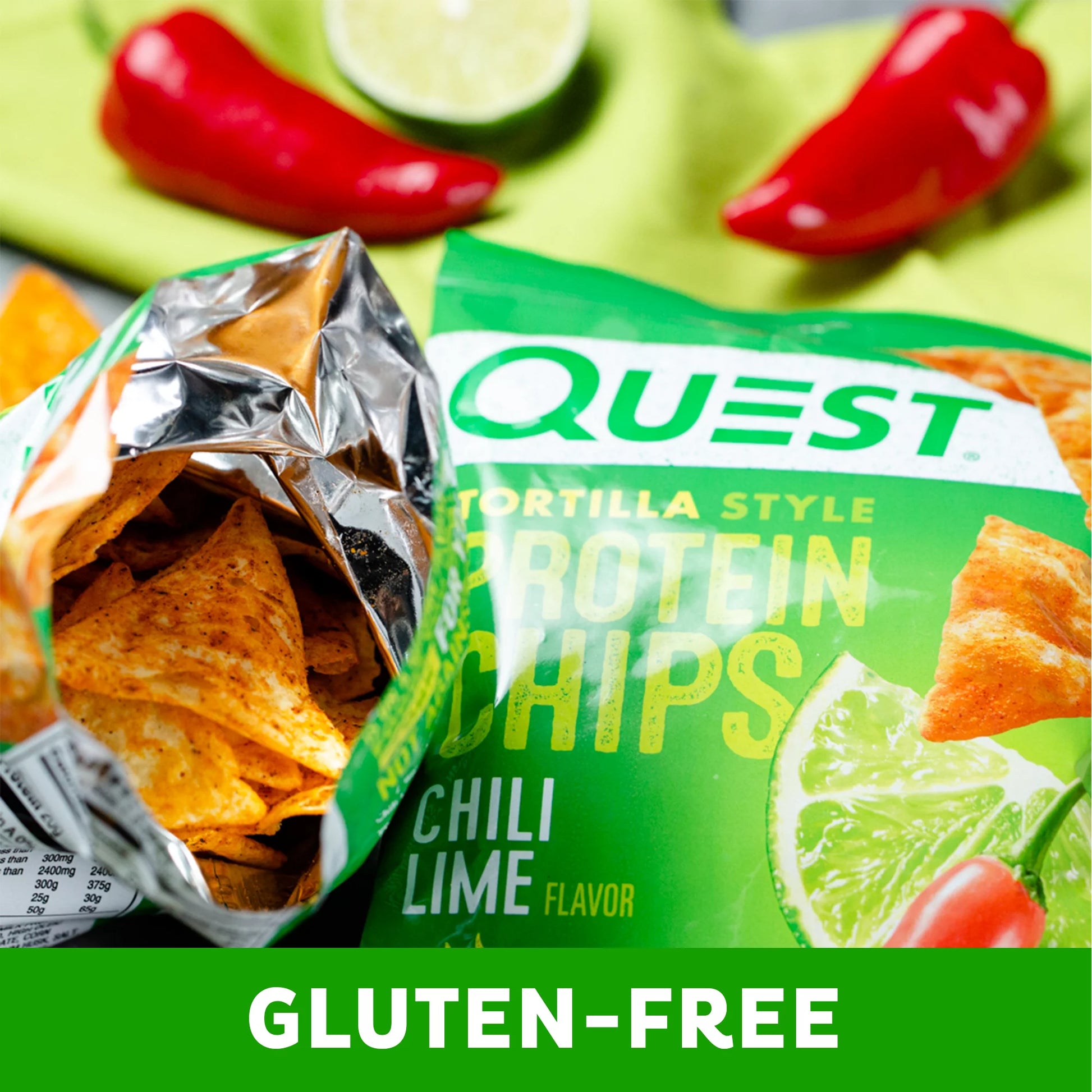 Quest Tortilla Style Protein Chips with 20G of Protein, Chili Lime Flavor, 1.1 Oz Bags, 8 Count