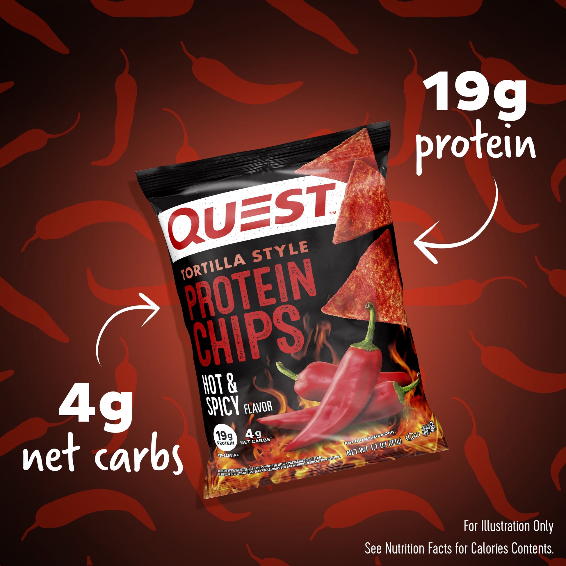 Quest Tortilla Style Protein Chips with 19G of Protein, Hot & Spicy Flavor, 1.1 Oz Bags, 8 Count