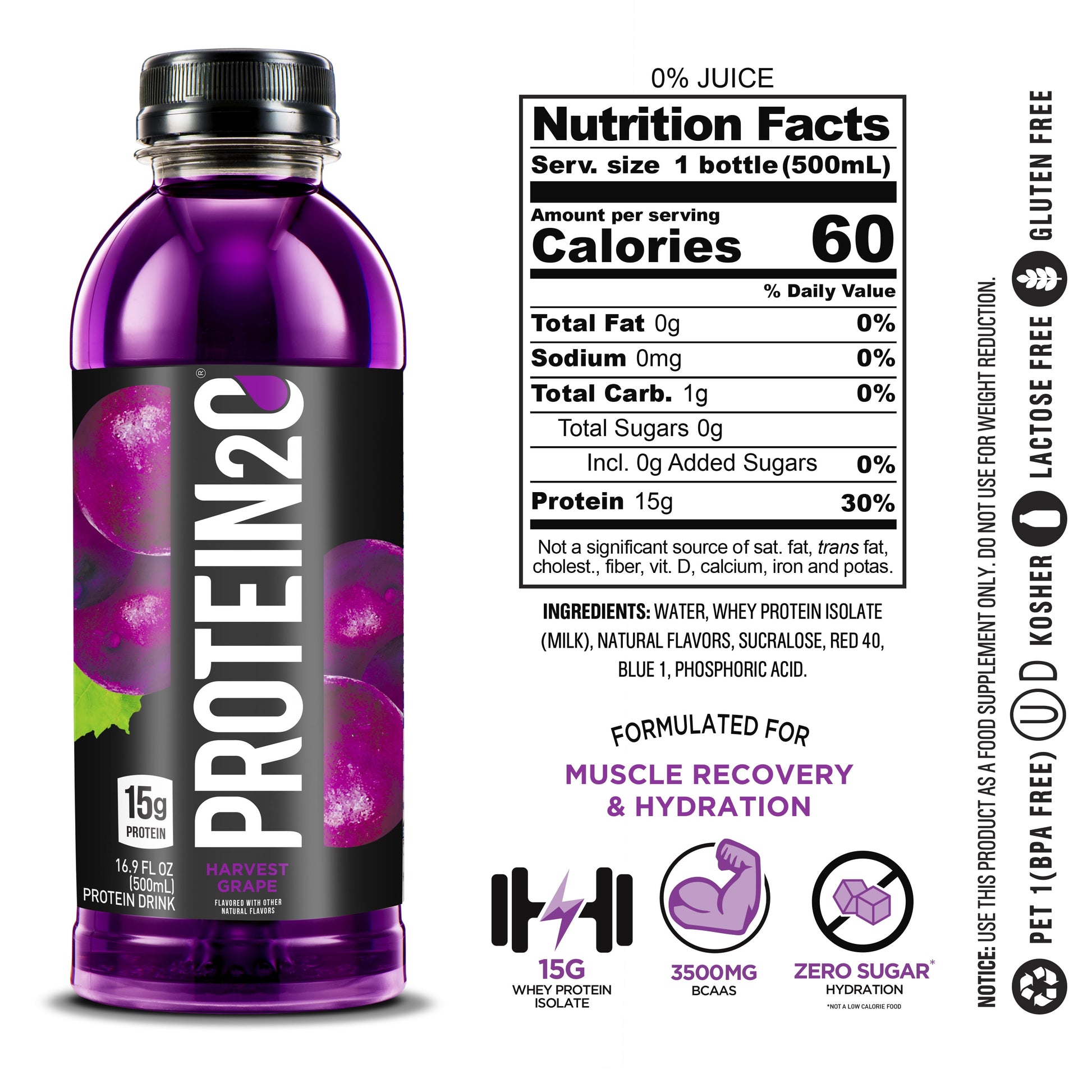 15G Whey Protein Infused Water, Harvest Grape, 16.9 Oz Bottle (Pack of 12)