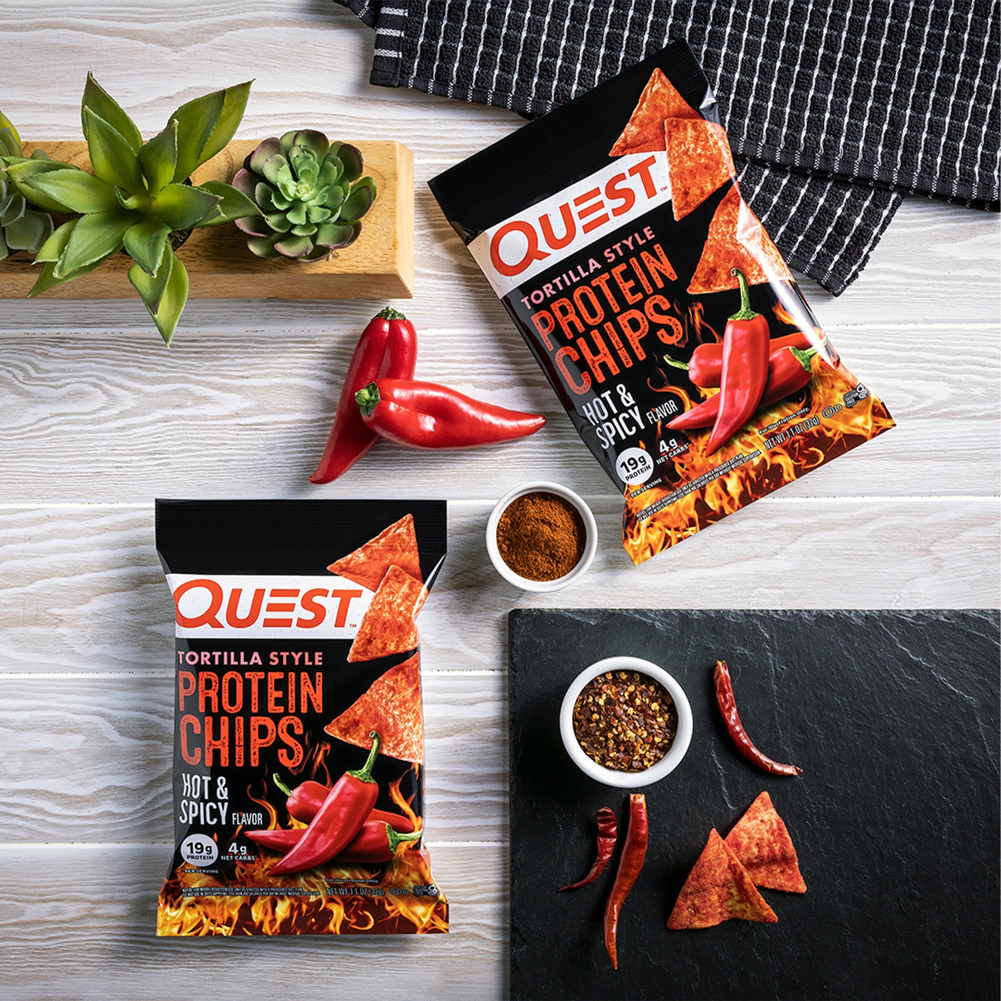 Quest Tortilla Style Protein Chips with 19G of Protein, Hot & Spicy Flavor, 1.1 Oz Bags, 8 Count