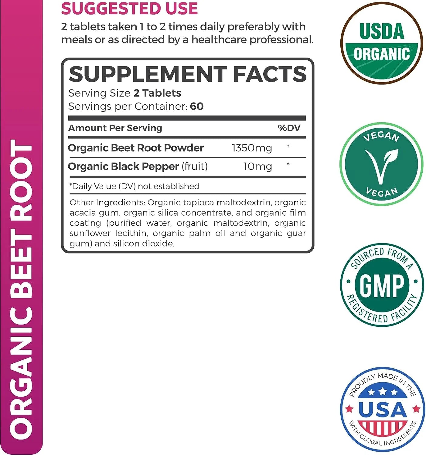 Organic Beet Root Powder (120 Tablets) 1350Mg Beets per Serving with Black Pepper for Extra Absorption - Nitrate Supplement - No Capsules