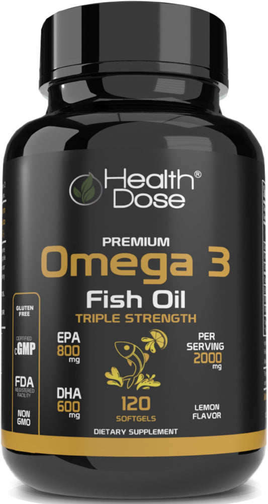 Premium Omega 3 Fish Oil. Lemon Flavor. 2000 Mg. Triple Strength. EPA + DHA. Immune Support, Heart, Brain, Joints, Skin. No Fish Burps. Gluten-Free, Non-Gmo. 120 Softgels. 2 Month Supply