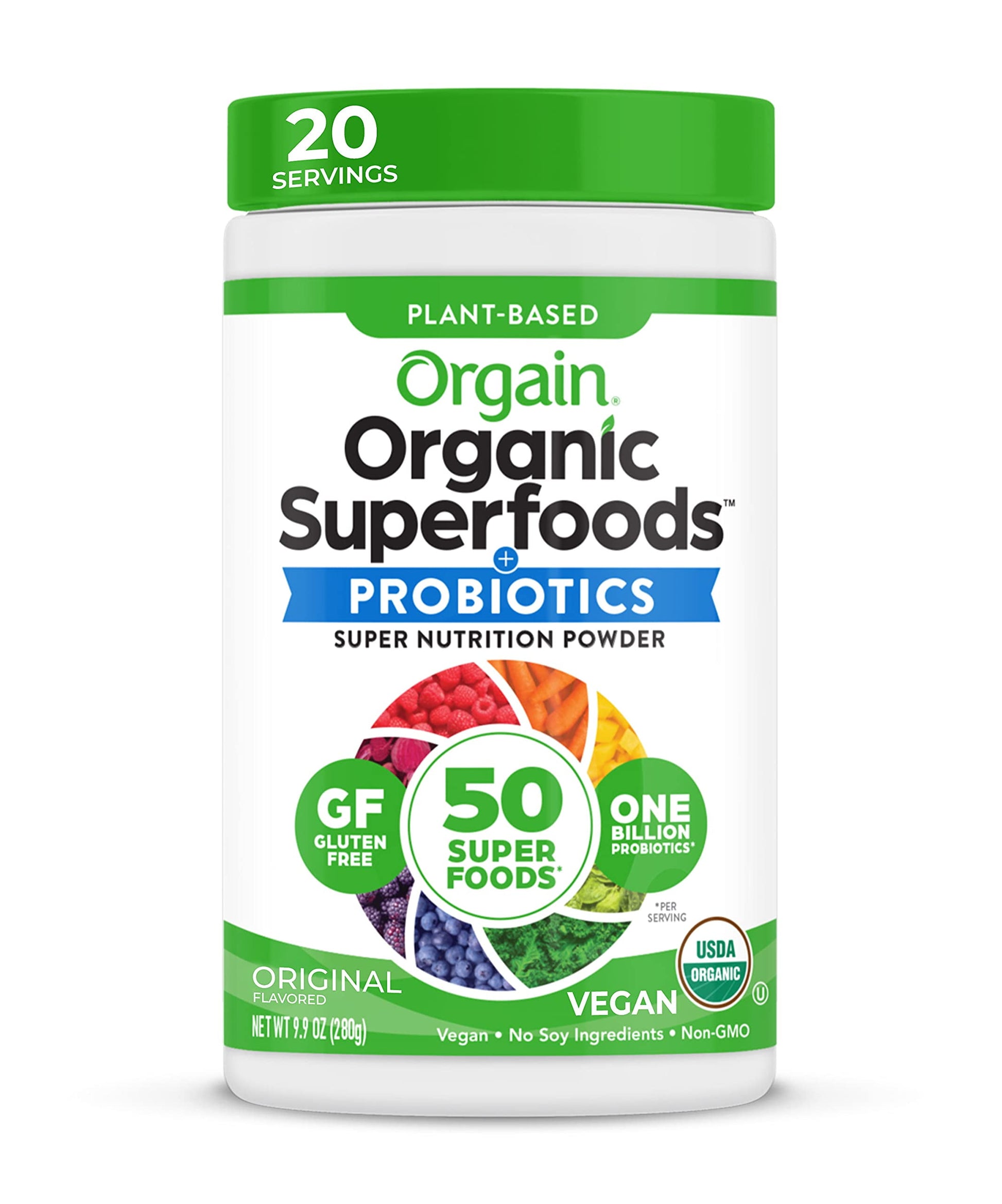 Organic Greens Powder + 50 Superfoods, Original - 1 Billion Probiotics for Gut Health, Antioxidants, Vegan, Plant Based, Gluten Free, Non GMO, Dairy Free Juice & Smoothie Mix - 0.62Lb