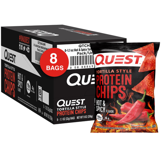 Quest Tortilla Style Protein Chips with 19G of Protein, Hot & Spicy Flavor, 1.1 Oz Bags, 8 Count