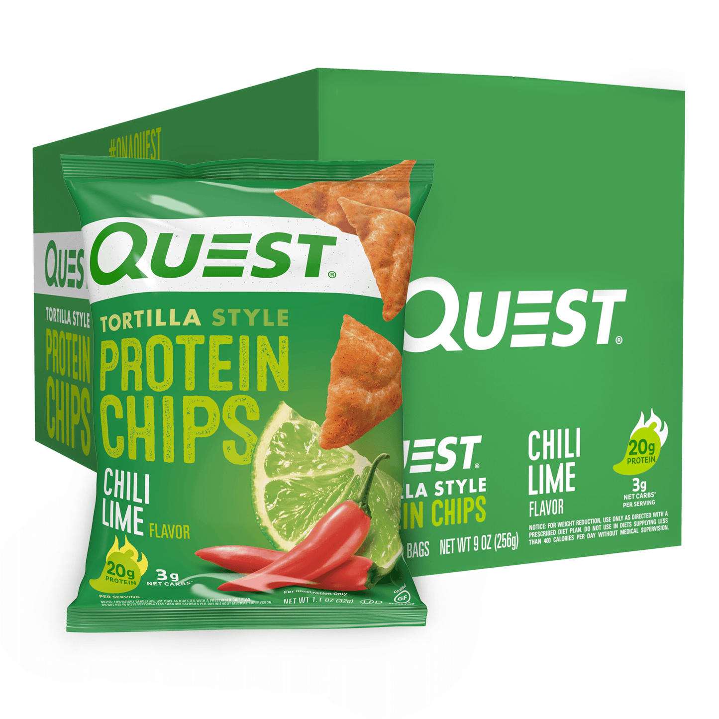 Quest Tortilla Style Protein Chips with 20G of Protein, Chili Lime Flavor, 1.1 Oz Bags, 8 Count