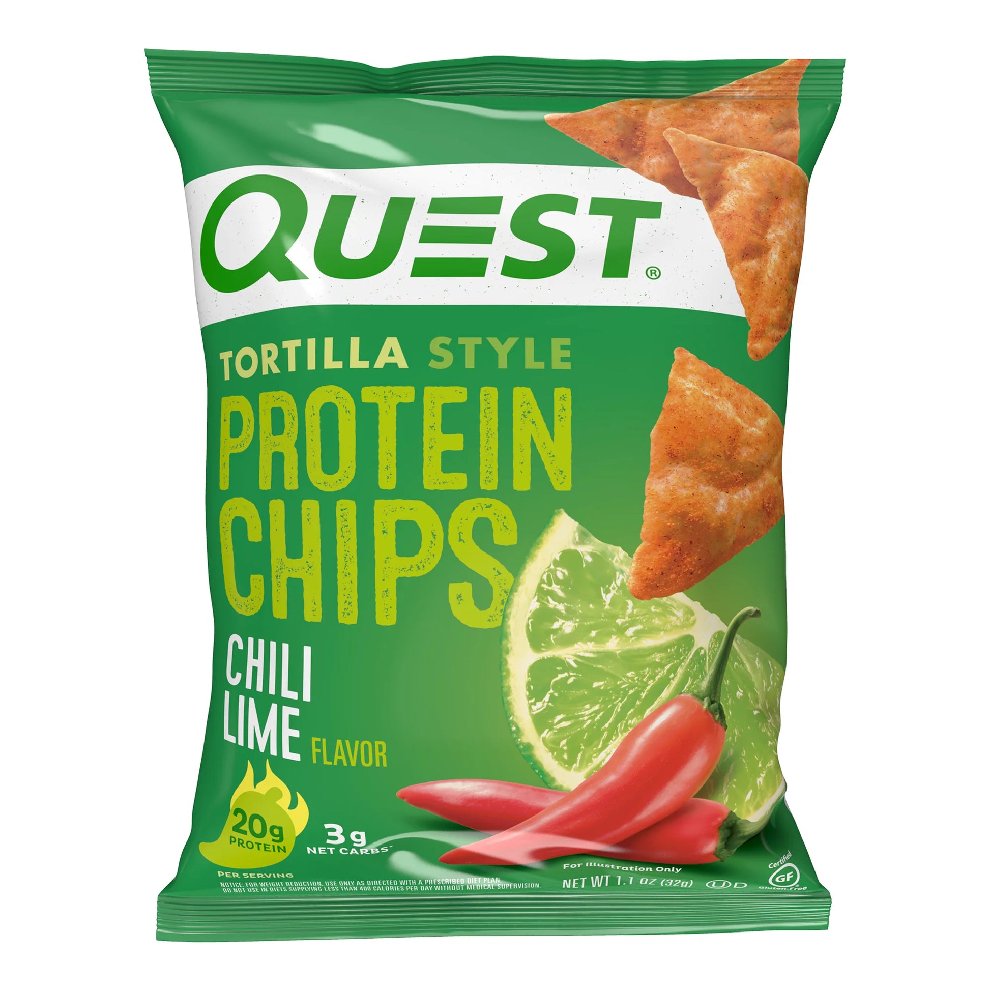 Quest Tortilla Style Protein Chips with 20G of Protein, Chili Lime Flavor, 1.1 Oz Bags, 8 Count