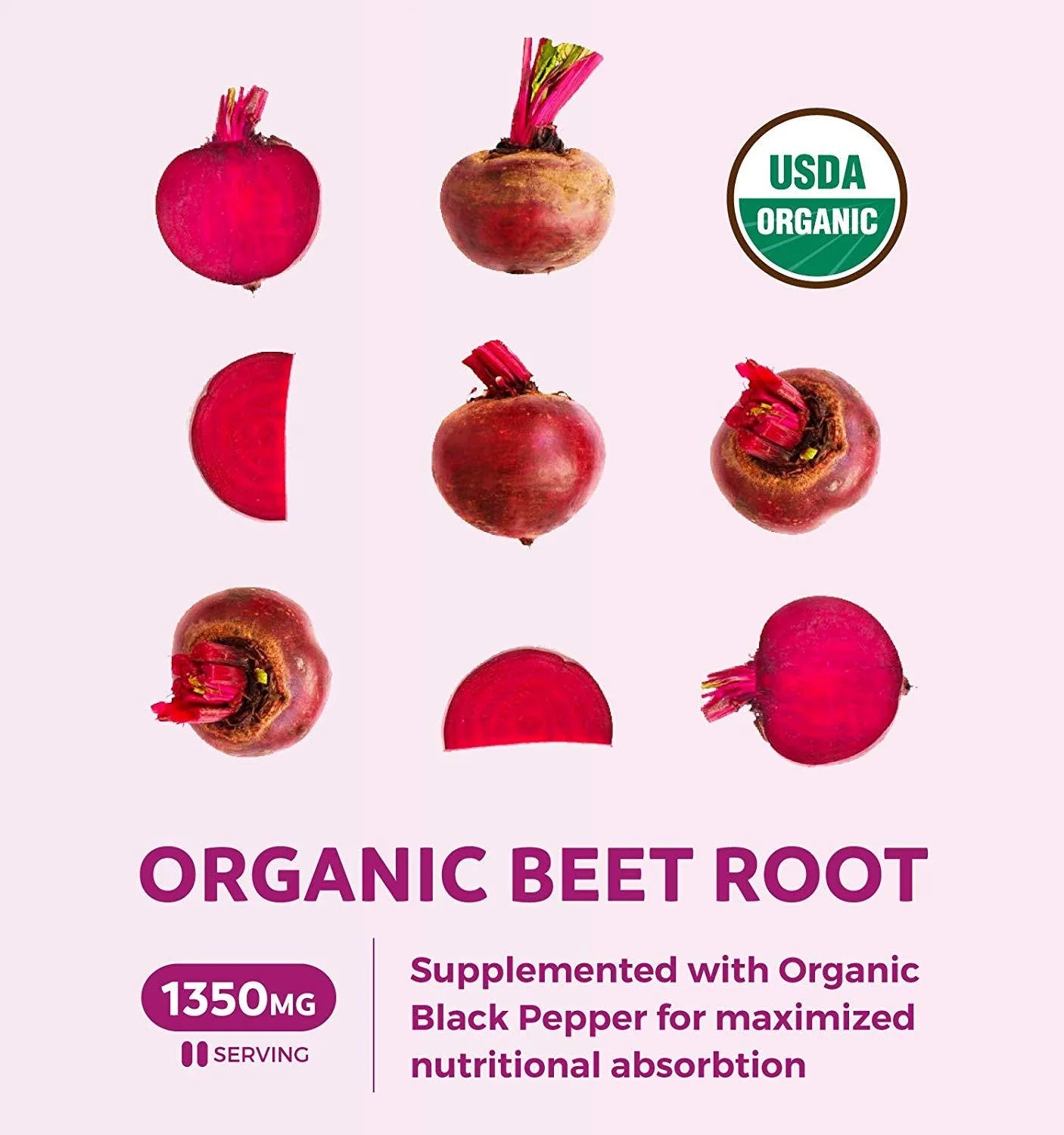 Organic Beet Root Powder (120 Tablets) 1350Mg Beets per Serving with Black Pepper for Extra Absorption - Nitrate Supplement - No Capsules