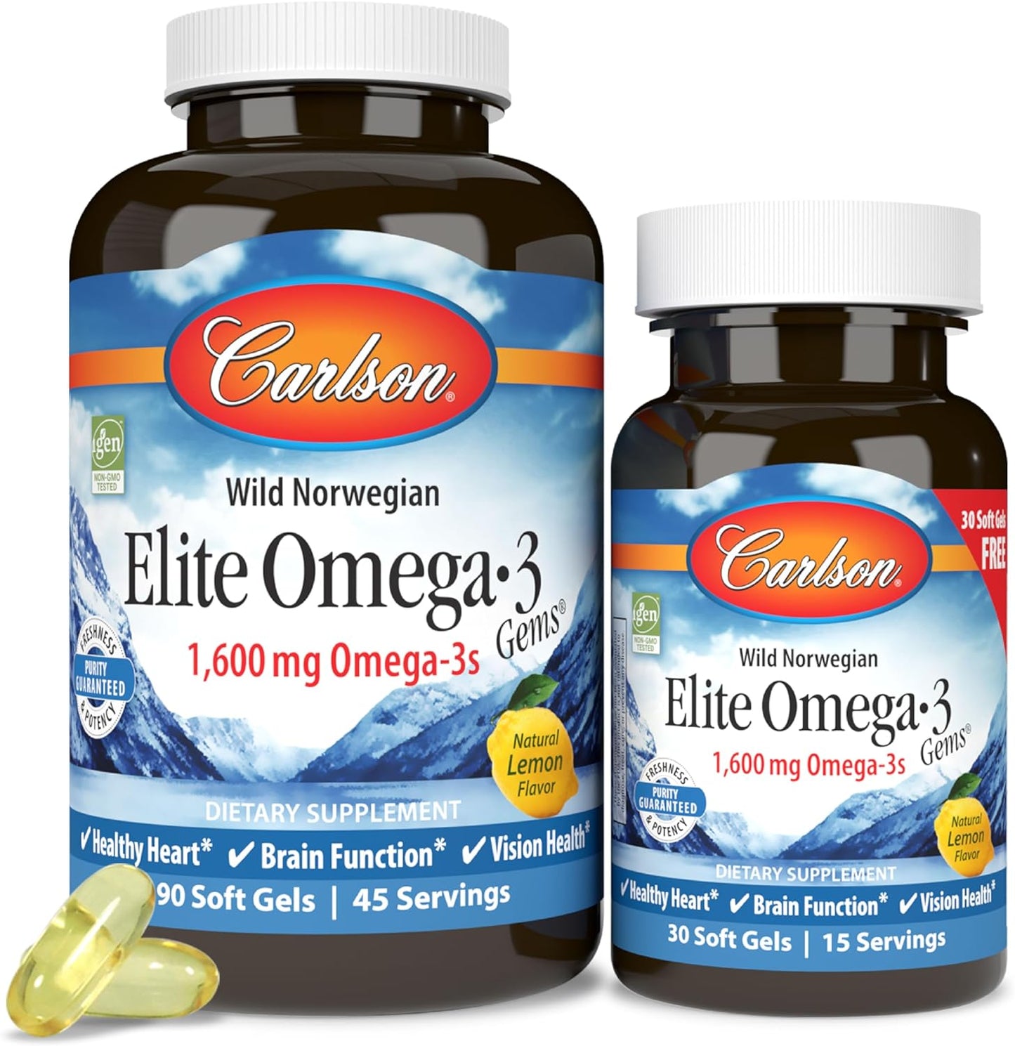 - Elite Omega-3 Gems, 1600 Mg Omega-3 Fatty Acids Including EPA and DHA, Norwegian Fish Oil Supplement, Wild Caught, Sustainably Sourced Capsules, Lemon, 90+30 Softgels