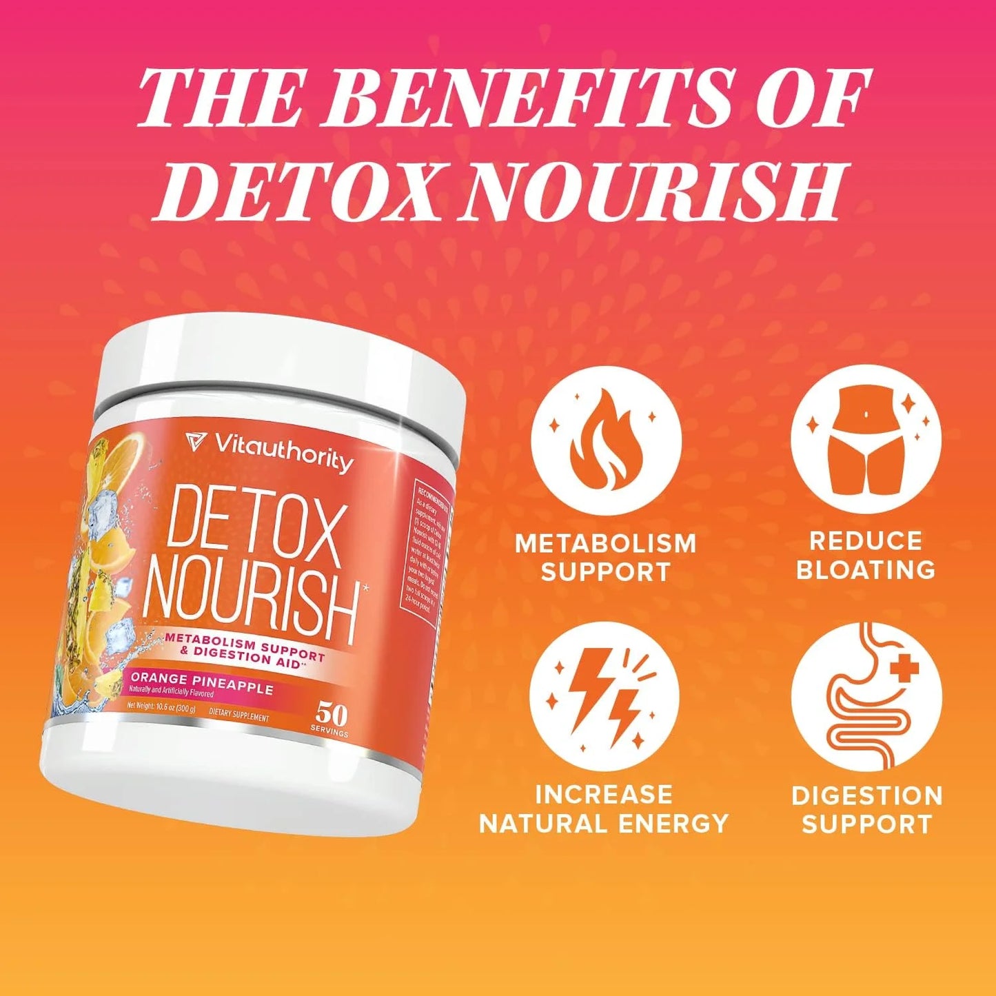 Detox Nourish Detox Cleanse Weight Loss Powder: Natural Digestive Enzyme Supplement with Apple Cider Vinegar to Support Healthy Weight Loss for Women and Men and Bloating Relief, Orange Pineapple, 50