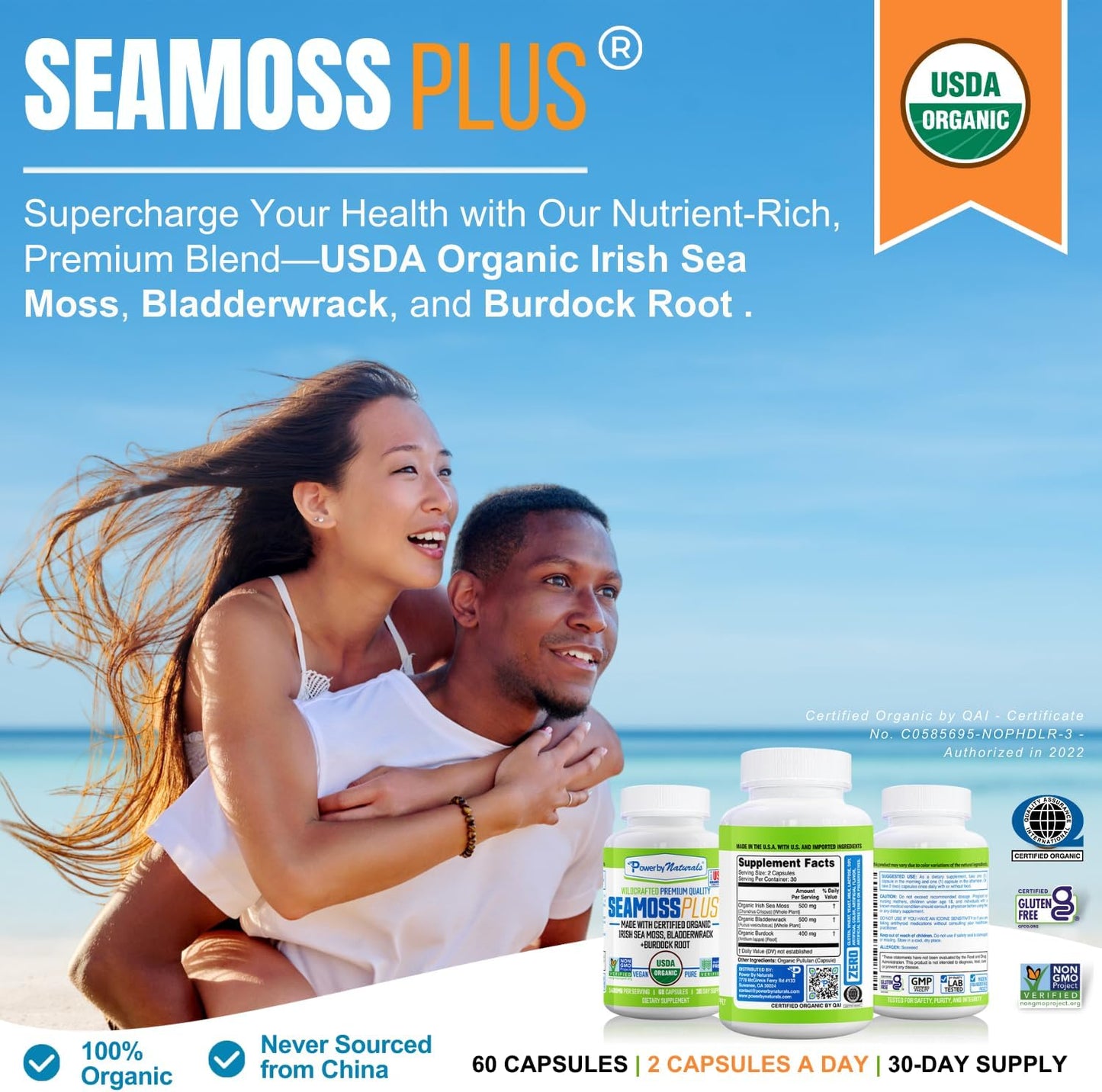 Sea Moss plus - USDA Certified Organic Irish Sea Moss Capsules W/Wild Harvested Irish Seamoss, Bladderwrack & Burdock Root Immunity Supplement Sea Moss Pills for Adult 60Ct - 1 Pack