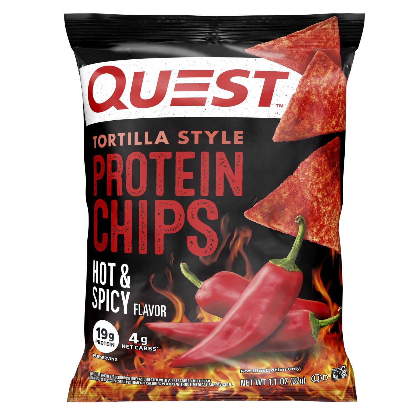 Quest Tortilla Style Protein Chips with 19G of Protein, Hot & Spicy Flavor, 1.1 Oz Bags, 8 Count