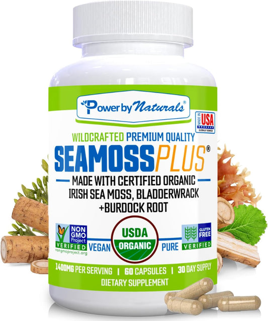 Sea Moss plus - USDA Certified Organic Irish Sea Moss Capsules W/Wild Harvested Irish Seamoss, Bladderwrack & Burdock Root Immunity Supplement Sea Moss Pills for Adult 60Ct - 1 Pack