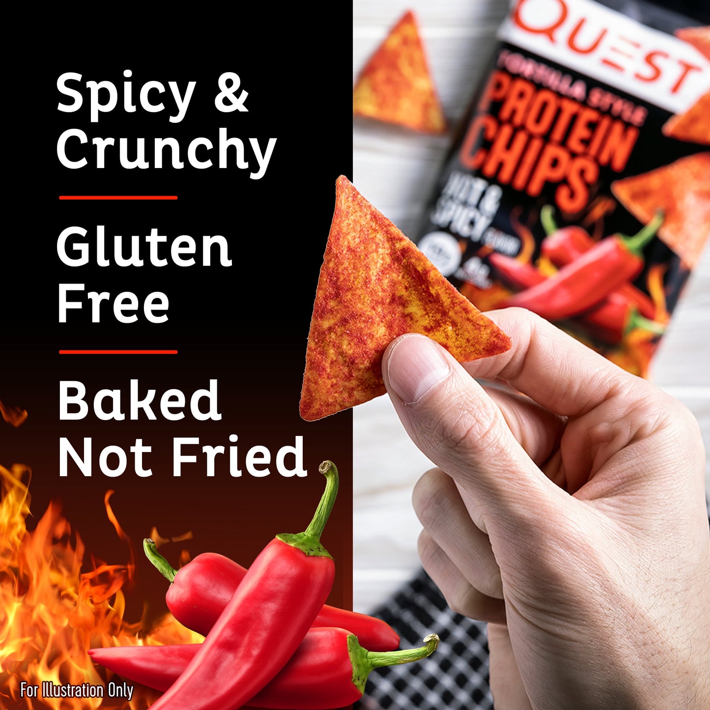 Quest Tortilla Style Protein Chips with 19G of Protein, Hot & Spicy Flavor, 1.1 Oz Bags, 8 Count