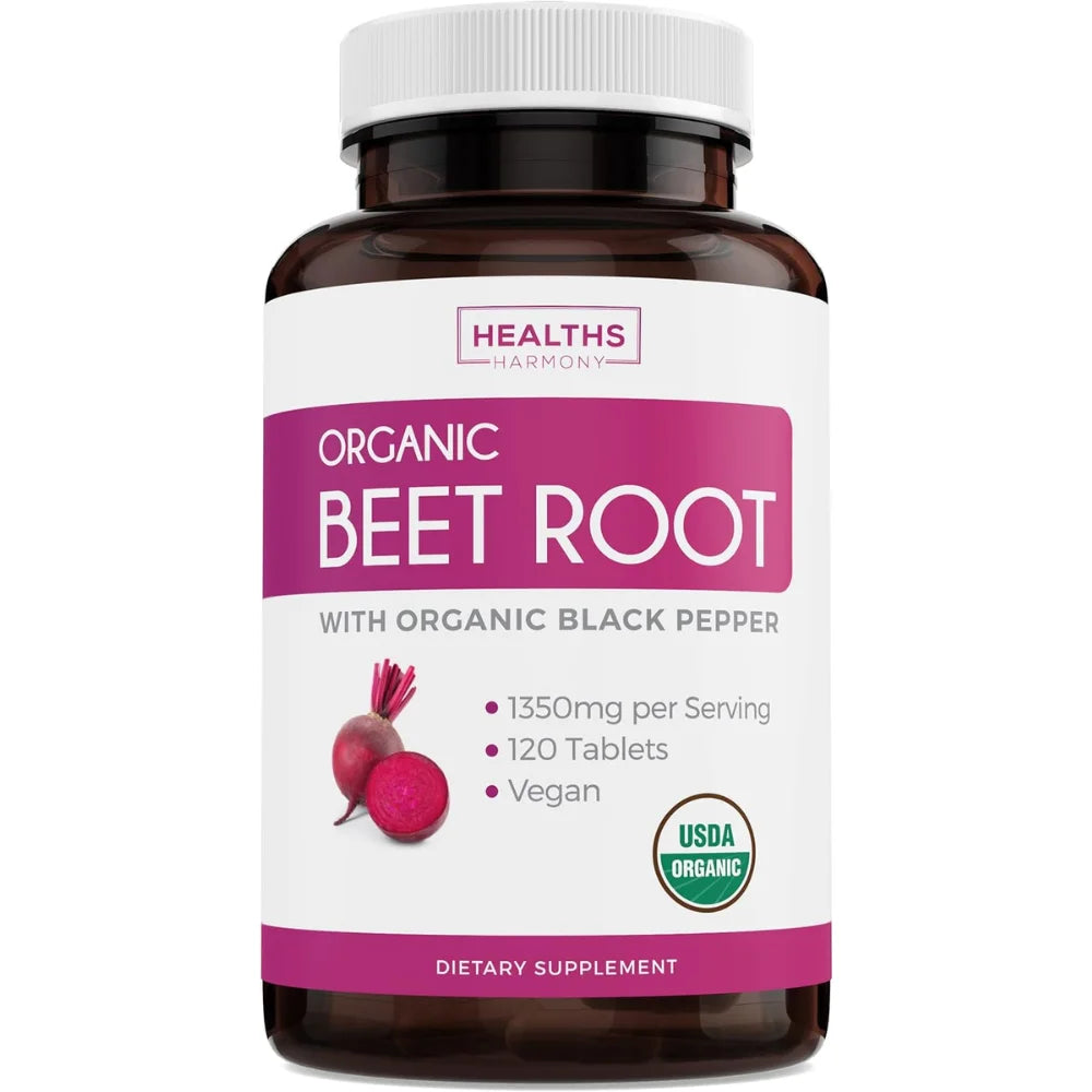 Organic Beet Root Powder (120 Tablets) 1350Mg Beets per Serving with Black Pepper for Extra Absorption - Nitrate Supplement - No Capsules