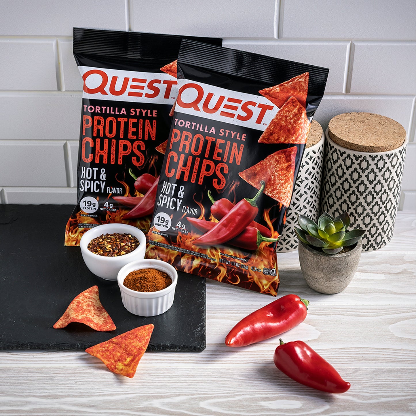 Quest Tortilla Style Protein Chips with 19G of Protein, Hot & Spicy Flavor, 1.1 Oz Bags, 8 Count