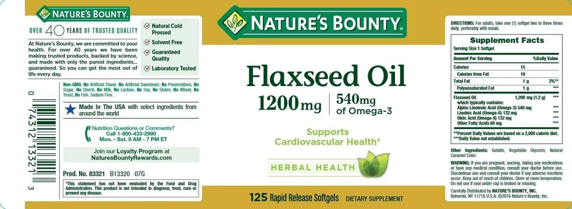 Flaxseed Oil 1200 Mg, 125 Rapid Release Softgels