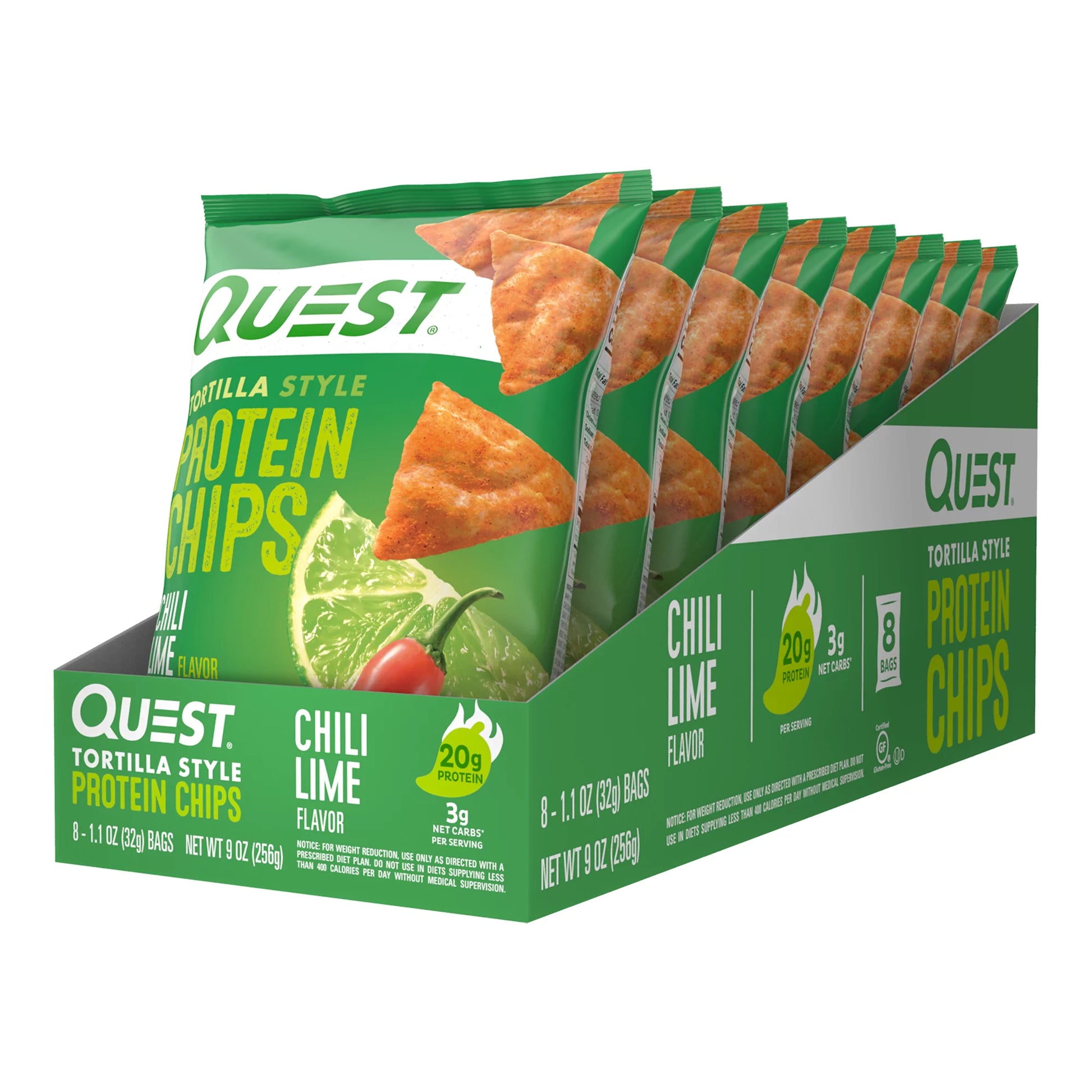 Quest Tortilla Style Protein Chips with 20G of Protein, Chili Lime Flavor, 1.1 Oz Bags, 8 Count