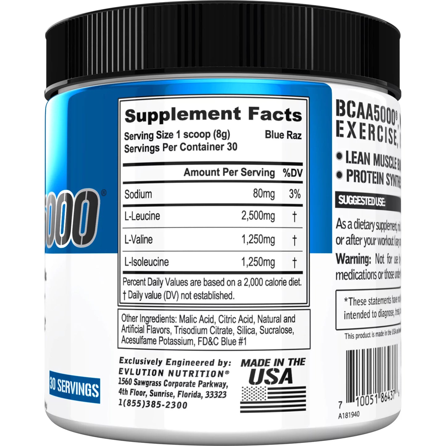 BCAA5000 Powder - 5 Grams of EVL BCAA Powder (Branched Chain Amino Acids) Essential for Performance, Recovery, Endurance & Muscle Building - Keto, No Sugar (30 Servings, Blue Raz Flavor)